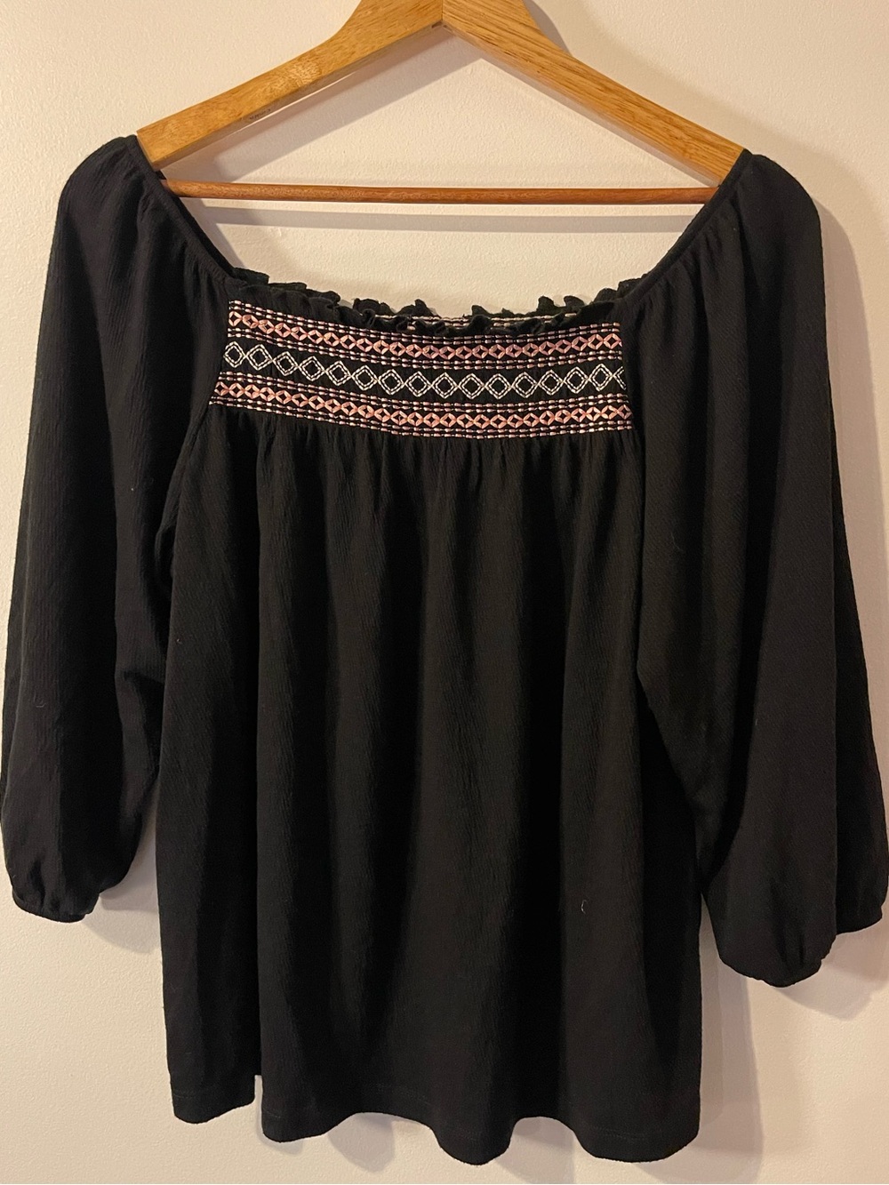Reitmans Black Embroidered Square Neck Boho Blouse L